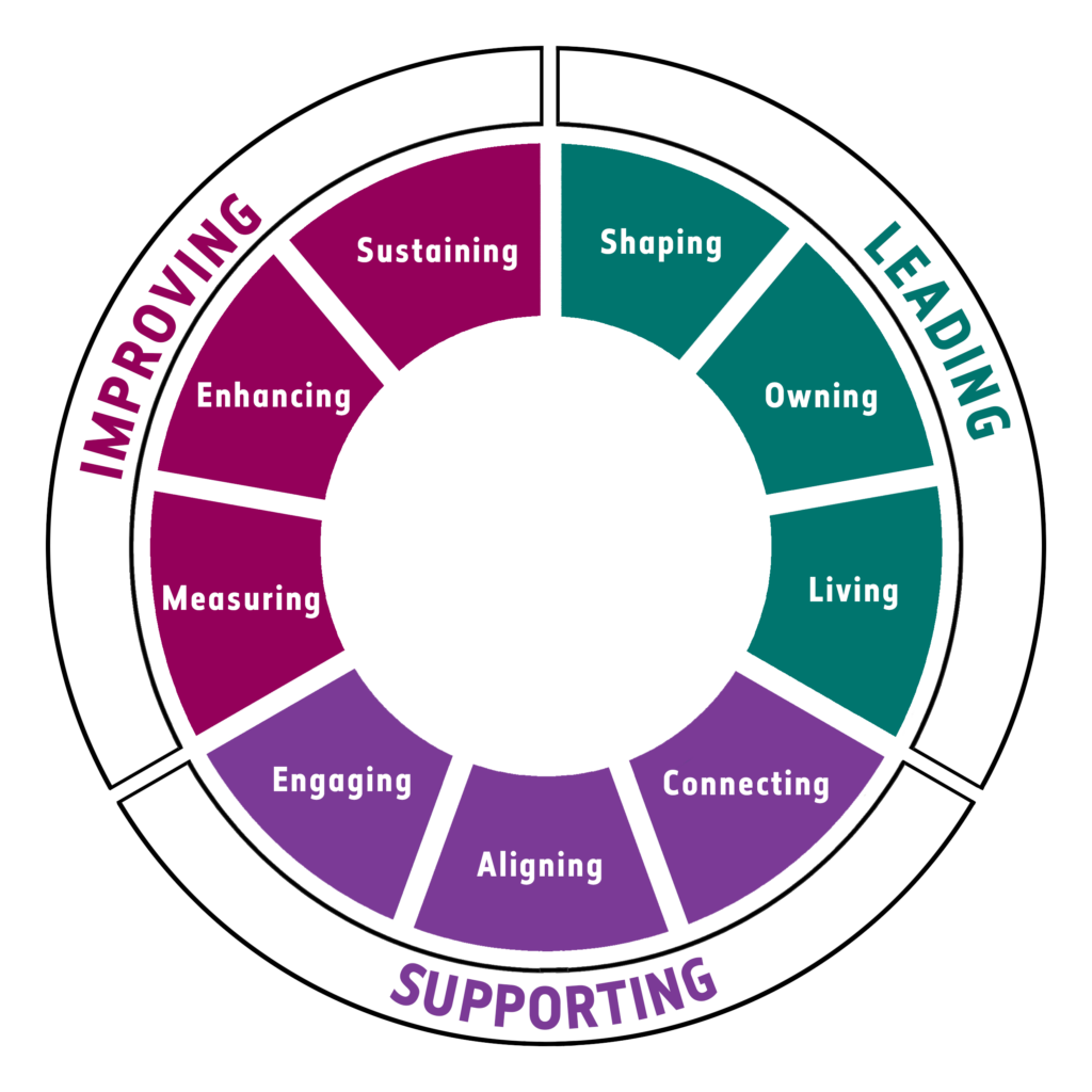 The We Invest in Wellbeing framework: three indicators — Leading, Supporting and Improving a culture of wellbeing — each with three themes.