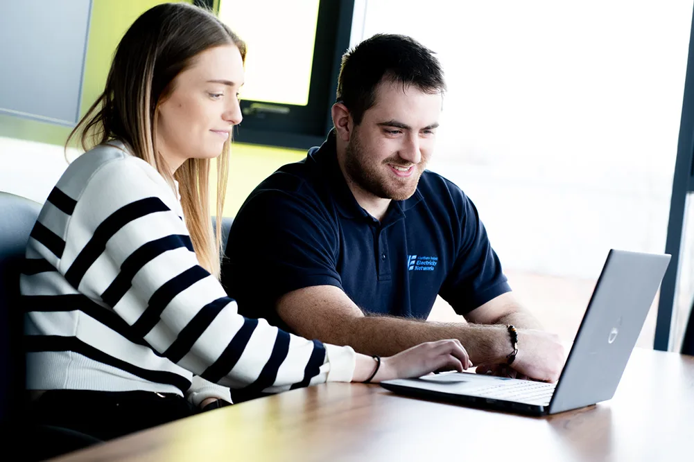 Two NIE Networks colleagues working together at a laptop