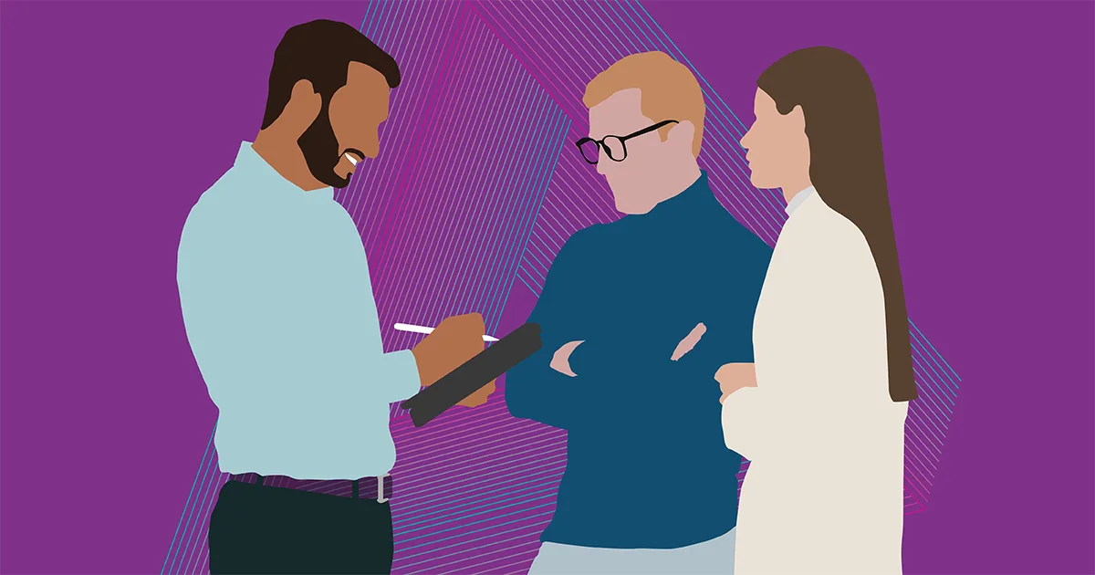 Illustration of three colleagues in conversation, one taking notes on a clipboard
