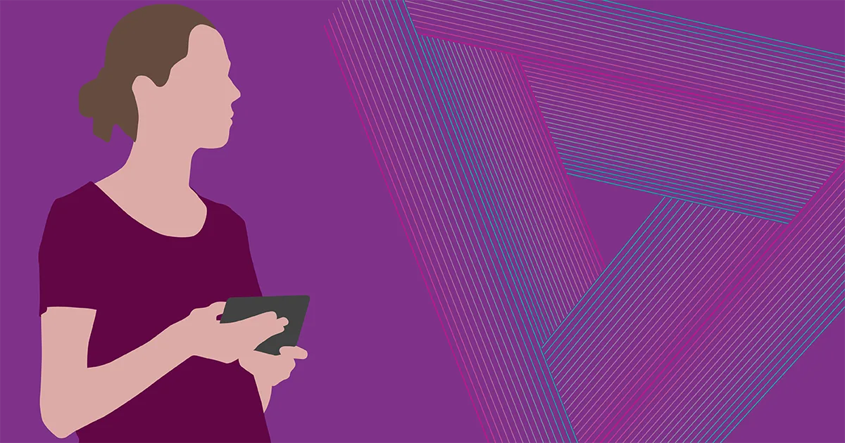 Illustration of a person holding a tablet, looking away in thought