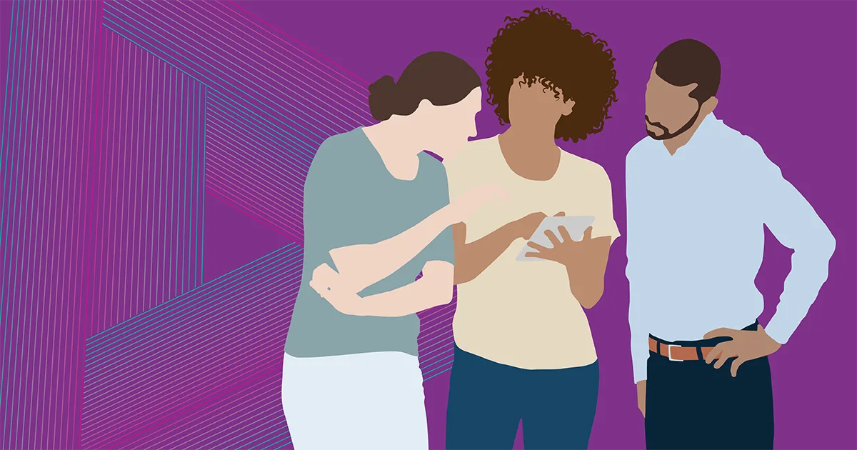 Illustration of three colleagues looking at a tablet together